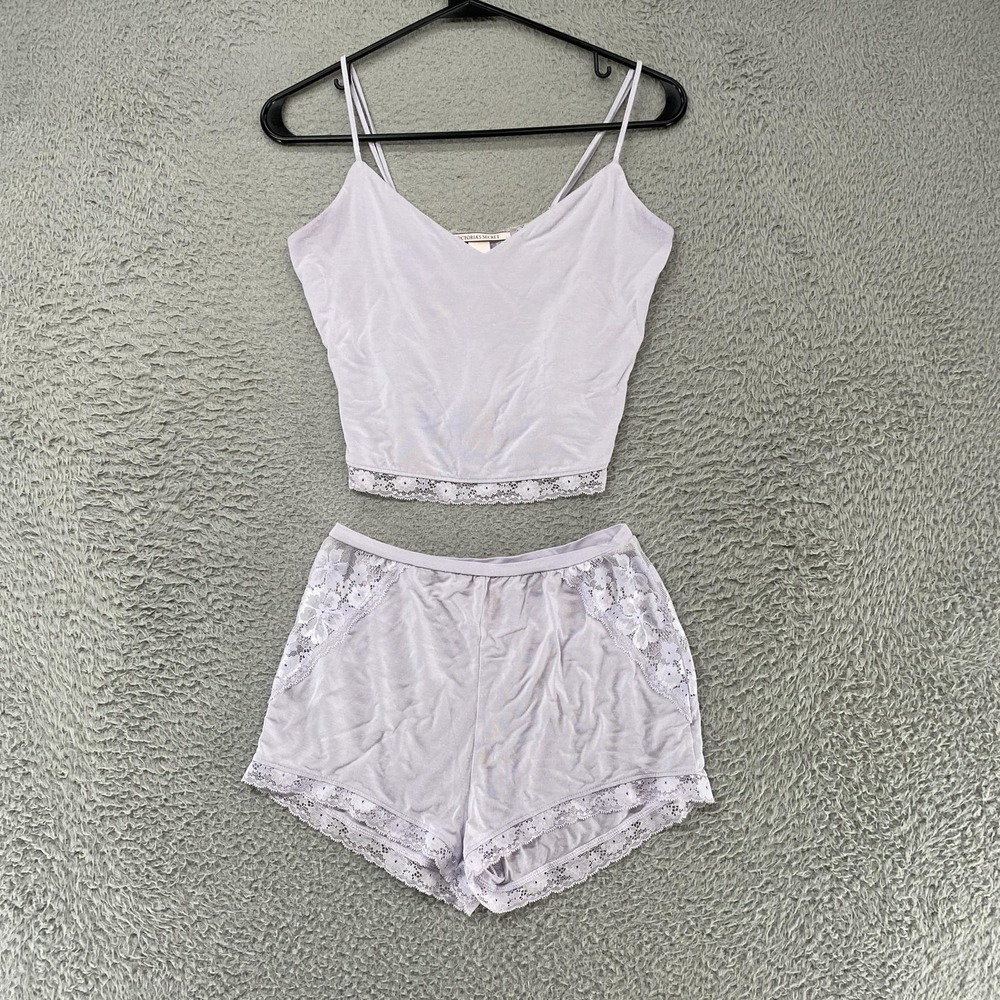 Victoria's Secret Pajama Set Womens XS Purple Modal Lace Cami Shorts PJs Lounge